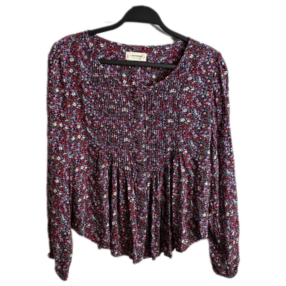 Lucky Brand Floral Pintuck Popover Blouse Pesant Top Button Down Front SZ M - Picture 5 of 10